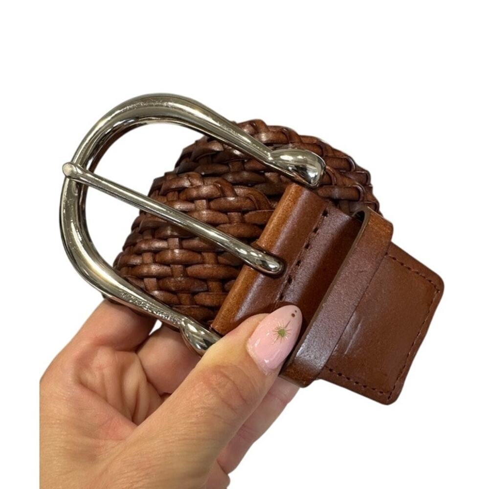 Michael Kors Woven Leather Belt Brown Wide Braided Horseshoe Buckle Small